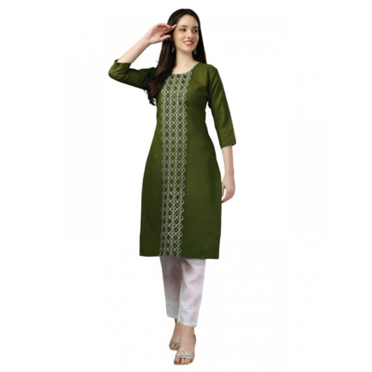 3-4 Sleeve Dark Green Embroidery Kurti in Cotton