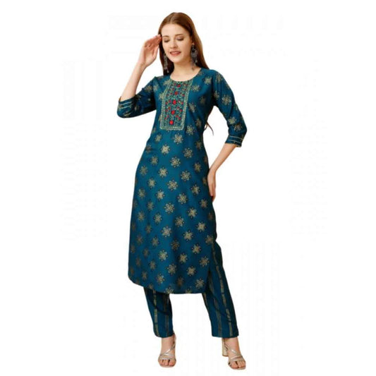 3-4 Sleeve Blue Embroidery Kurti Pant Set in Rayon - Vividh