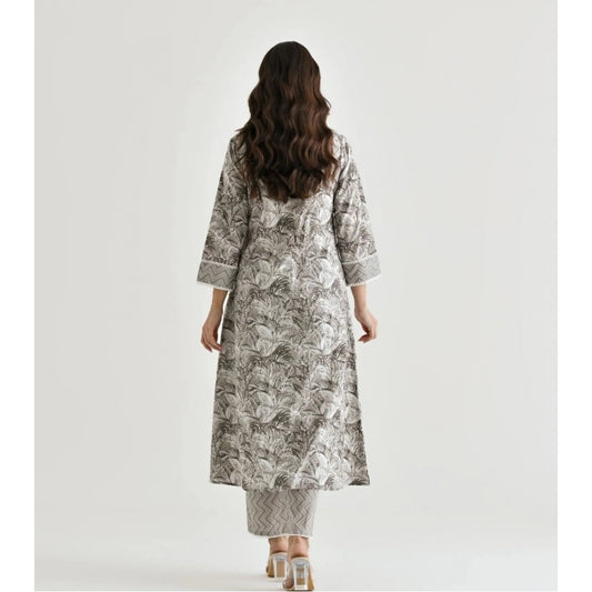 Cotton Blend Kurti Pant Set in Grey - Printed V Neck Design