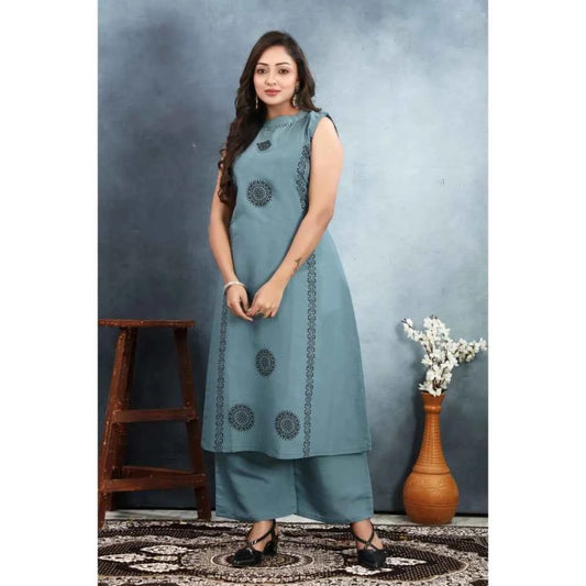 Silk Printed Round Neck Kurti with Pant Set (Grey)
