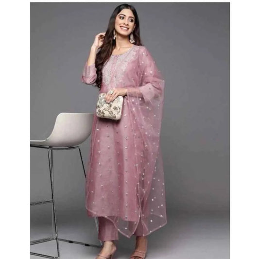 Chanderi Embroidered 3/4th Sleeve Kurti With Pant And Dupatta Set (Pink)